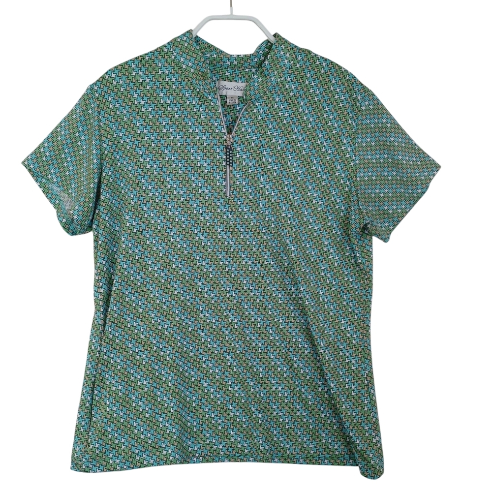 Sport Haley Womens Green Geometric Quarter Zip Golf Polo Shirt Rhinestone Size M
